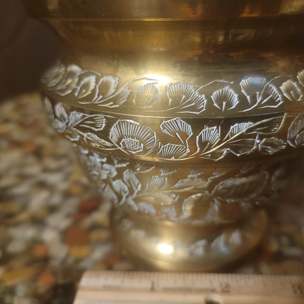 vintage filigree leaf etched brass small planter bowl stamped india MCM‎